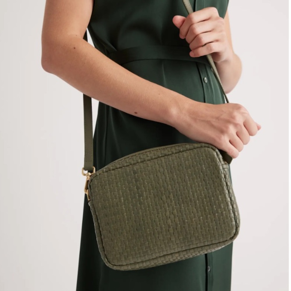 Quince Olive Green Woven Leather Crossbody Bag